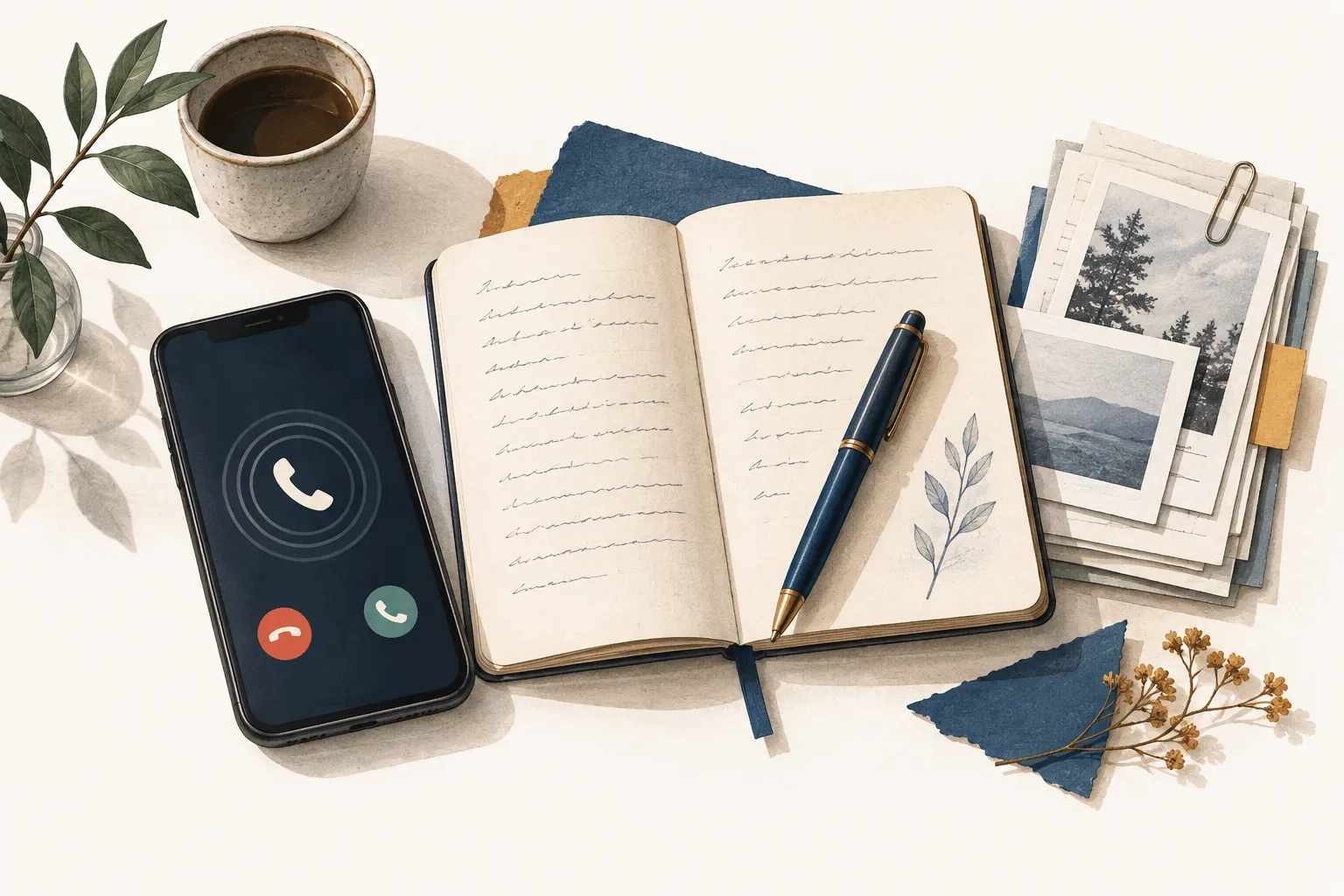 Illustration of a phone, an open notebook, and papers kept together.